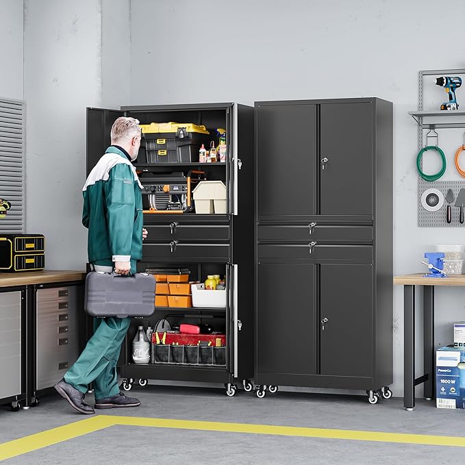 Letaya Metal Garage Storage Cabinet with Wheels,Rolling Tool Cabinet with 4 Door Lock-Adjustable Shelves and 2 Drawer for Garage Home Office Utility Room (Black with Wheels)