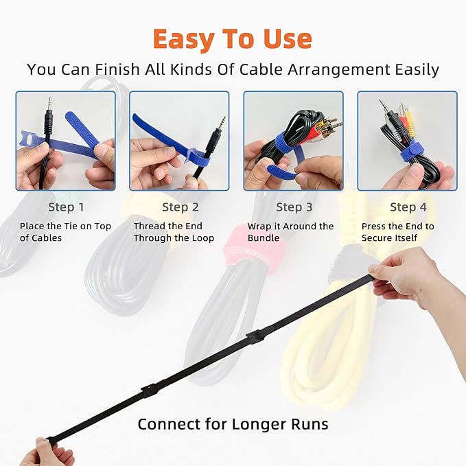 130PCS Reusable Cable Ties with Hook and Loop, Multi-purpose Adjustable 8 Inch Cable Management Wire Ties Cable Straps for Organizing Home, Office and Data Centers, Black