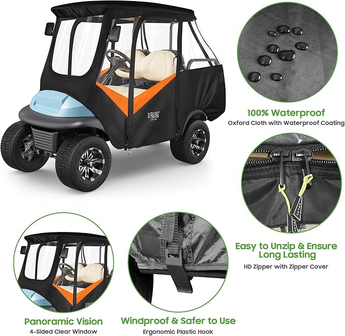 10L0L 4 Passenger Golf Cart Driving Enclosure for Club Car Precedent with Short Roof Up to 57", 4-Sided Clear Window 600D Rain Cover All Weather Windproof Waterproof - Black with Orange