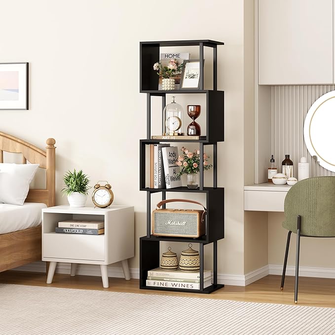 Yusong Bookshelf 5-Tier, Geometric Bookcase S Shaped Book Shelves for Bedroom, Modern Wood Decorative Display Shelf Corner for Home Office, Black