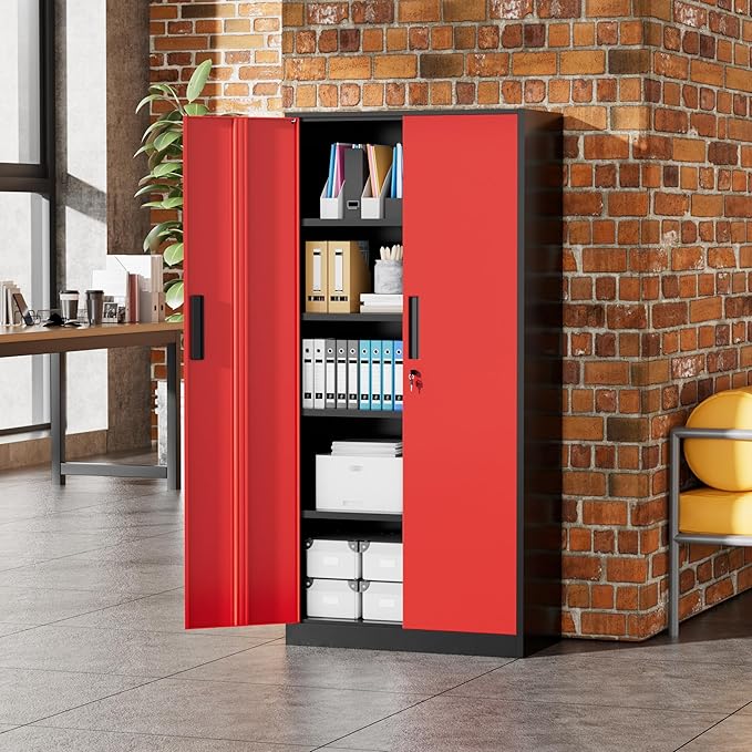 Greenvelly Metal Garage Storage Cabinet, 72" Black Red Tool Steel Locking Cabinet with Doors and 4 Shelves, Tall Cabinets for Garage Storage Systems Lockable File Cabinet for Home Office,Garage