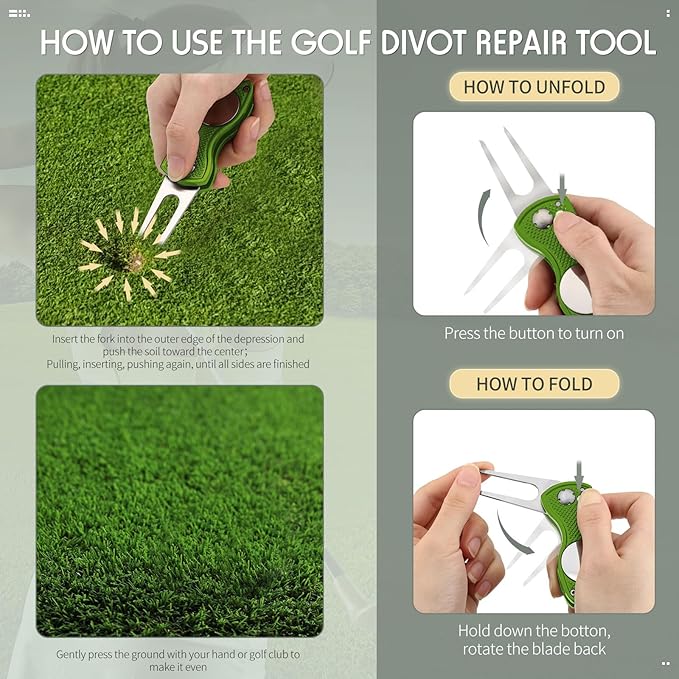 Skylety 4 Pcs Golf Divot Repair Tool Metal Foldable Golf Divot Tool with Magnetic Pop-up Button Ball Marker Stainless Steel Switchblade for Golfers Prizes
