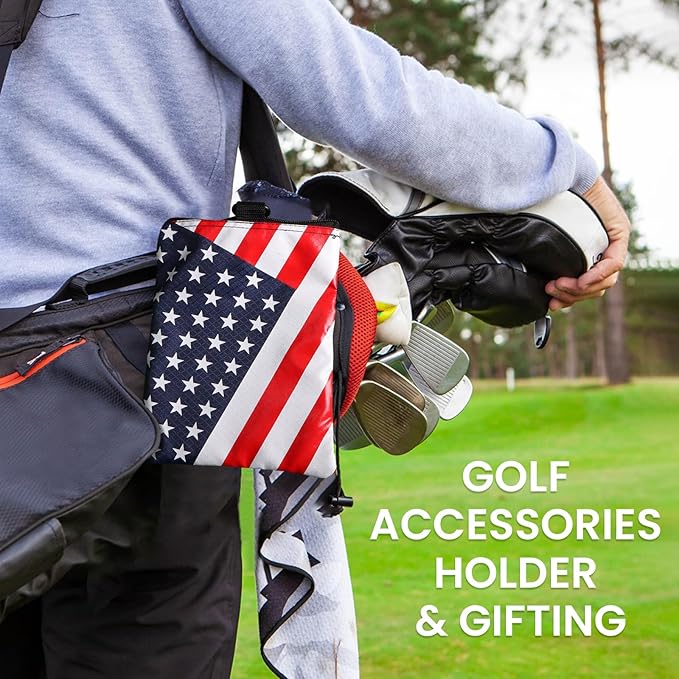 Golf Bag Accessories Valuables Pouch Bags Multi Pocket Zipper Hook with 10 Pcs Wood Golf Tees for Men Women