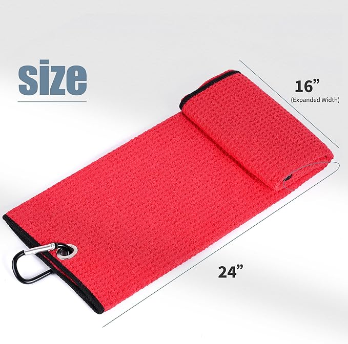 Mile High Life Tri-fold Golf Towel | 16" X 24" | Premium Microfiber Fabric | Waffle Pattern | with Heavy Duty Carabiner Clip | for Men and Women (Red)