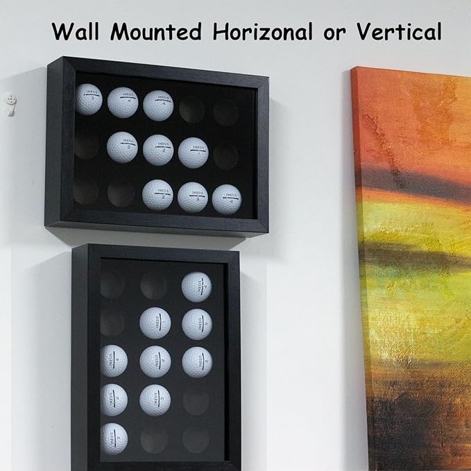 Golf Balls Display Case for 15 Balls, Wooden Case with Acrylic Dust UV Cover, Wall Mount and Freestanding Shadow Box for Glofball Collector Green
