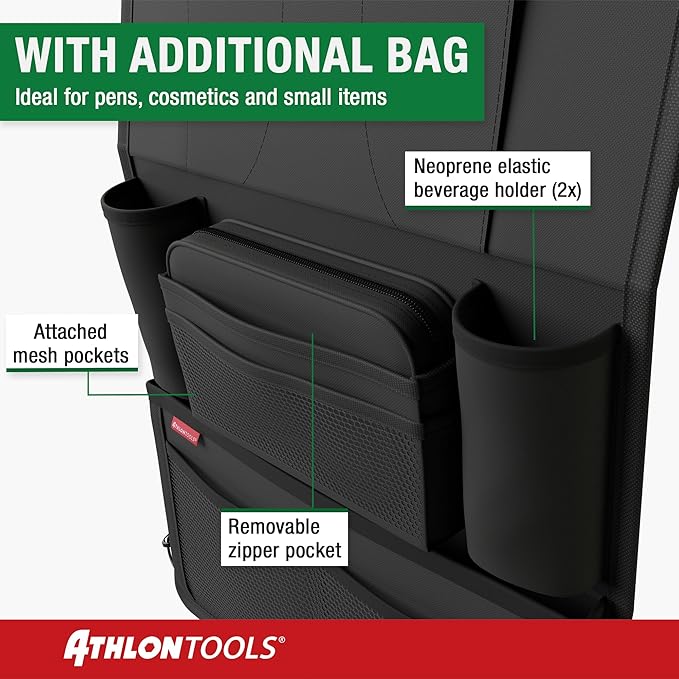 ATHLON TOOLS car seat organizer with integrated tablet holder - Reinforced back - with extra pen pocket - for business and children - Designed in Germany