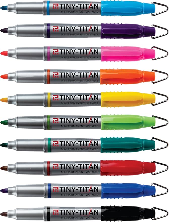 Tiny-Titan Mini Markers - Keychain Clip, Golf Ball Marker, Clip On Nurse's Badge - Fine Point - Assorted 10 Colors - 10 Pens Per Pack