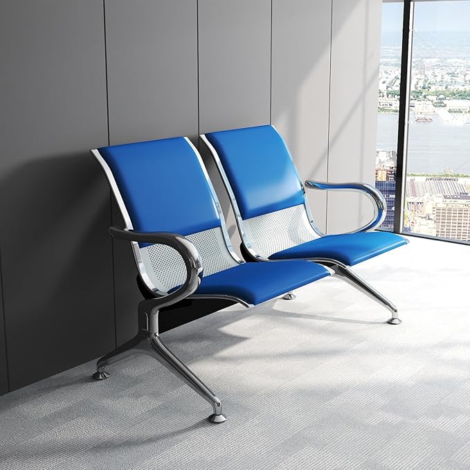 Kinfant Blue 5-Seat Waiting Room Chairs with Arms – Heavy-Duty Steel Frame PU Leather Back & Cushioned Seat, Ergonomic Office Reception Guest Chair for Lobby, Clinic, Airport