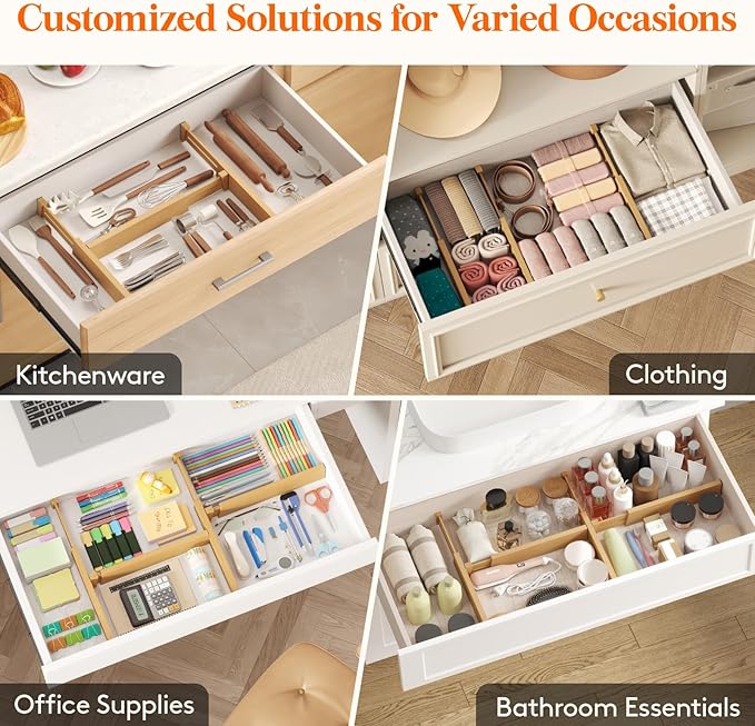 Lifewit 8 Pack Bamboo Drawer Dividers 2.4" High, 13-16.5" Kitchen Drawer Organizers, Adjustable Wooden Drawer Dividers for Clothes, Expandable Drawer Separators for Dresser, Bedroom, Bathroom, Cabinet
