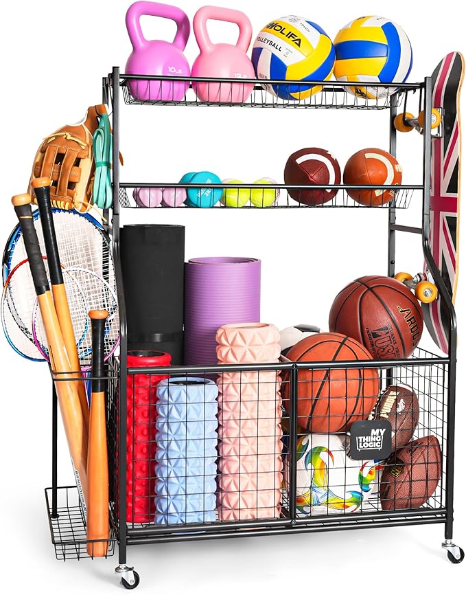 Mythinglogic Sports Equipment Garage Organizer,Garage Ball Storage for Sports Gear and Toys, Rolling Ball Cart with Wheels for Indoor/Outdoor Use
