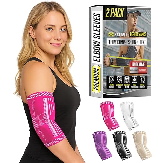 BLITZU Elbow Compression Sleeve for Tendonitis 2 Pack, Tennis Elbow Brace Support for Men and Women Golfers Elbow Pain Relief, Arthritis, Bursitis, Arm Brace for Workout, Weightlifting Pink S