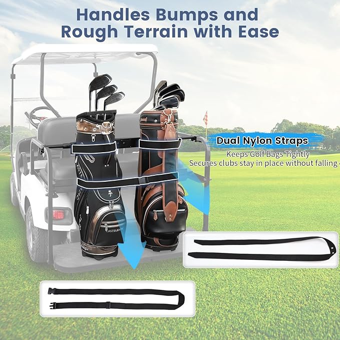 Golf Cart Bag Holder Bracket Upgraded Metal Attachment for 2+2 Rear Seat with 1 Inch Square Rail Golf Cart, No Drilling Required Golf Bag Rack for EZGO Club Car Yamaha Included All Hardware