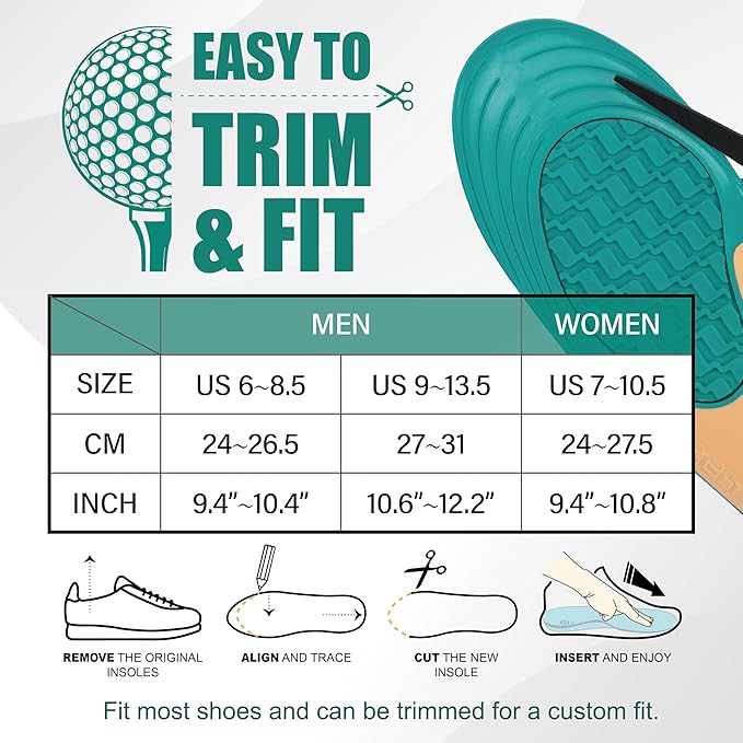 Golf Shoe Insoles for Men - GED Sports Insoles for Arch Support and Athletics - Lightweight, Elastic, Trim to Fit, Increase Stability, Balance, Precision Swings, Reduced Foot Fatigue (US 6-8.5)