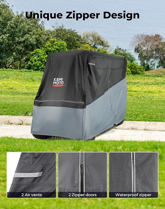 KEMIMOTO Golf Cart Cover, 2/2+2/4/4+2/6/6+2/8 Passenger Heavy Duty Golf Cart Rain Covers with Storage Bag Universal Compatible with EZGO Club Car