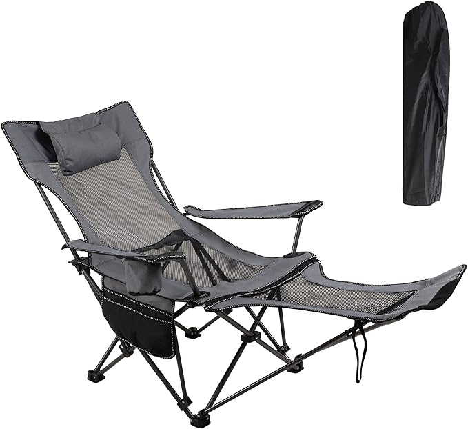 LEADALLWAY Camping Folding Chair with Foot Rest, Collapsible Camp Chair with Cup Holder and Removable Storage Bag, Heavy Duty Beach Chair for Outdoor Camp, Picnic, Travel, Fishing