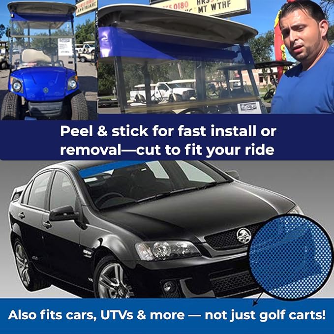 Sun Shield Golf Cart Sun Shade Cover – UV Blocker Visor for Golf Cart, ATV, UTV, Auto – Easy Peel & Stick Mesh Screen – Reversible – Trim to Fit – Blue