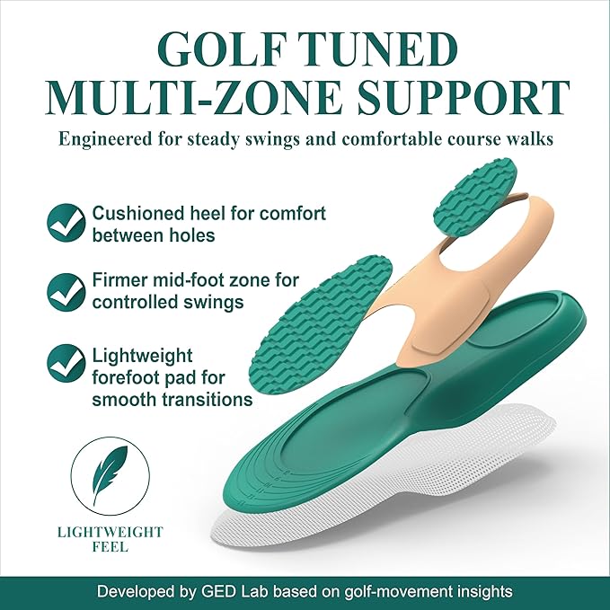 Golf Shoe Insoles for Men - GED Sports Insoles for Arch Support and Athletics - Lightweight, Elastic, Trim to Fit, Increase Stability, Balance, Precision Swings, Reduced Foot Fatigue (US 9-13.5)
