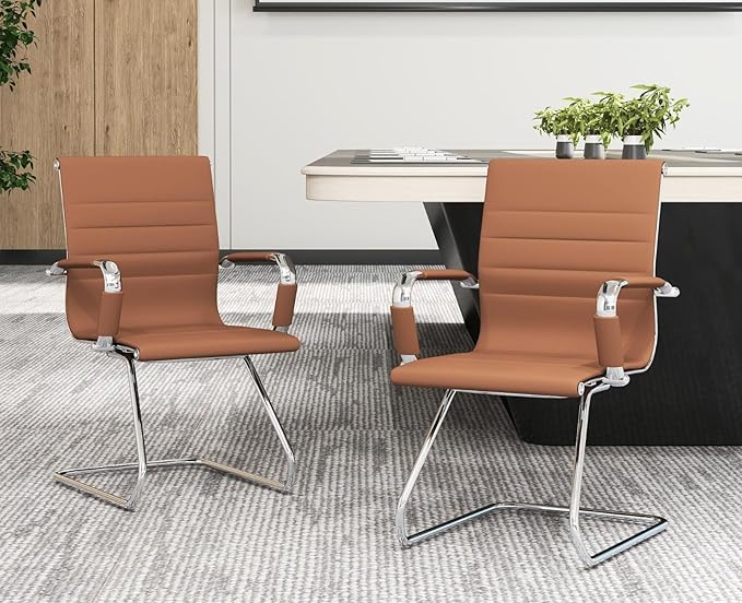 CIMOTA Waiting Room Chairs Leather Office Guest Chair Mid Back Reception Chairs with Sled Base for Meeting/Patient/Conference Room, Brownish Yellow Set of 2