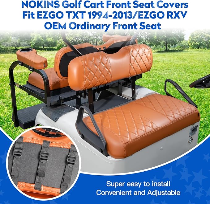 NOKINS Golf Cart Seat Covers for EZGO TXT 1994-2013/EZGO RXV, Vinyl Front&Rear Seat Cover with Flip-Up Armrests kit, with Cup Holder, for 1" Square Tube (All Brown)