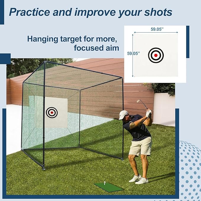 10x10x10 FT Golf Practice Hitting Net Cage with Metal Frame & Target - Indoor Outdoor Portable Training Net for Driving Chipping - Includes Mat & Accessories