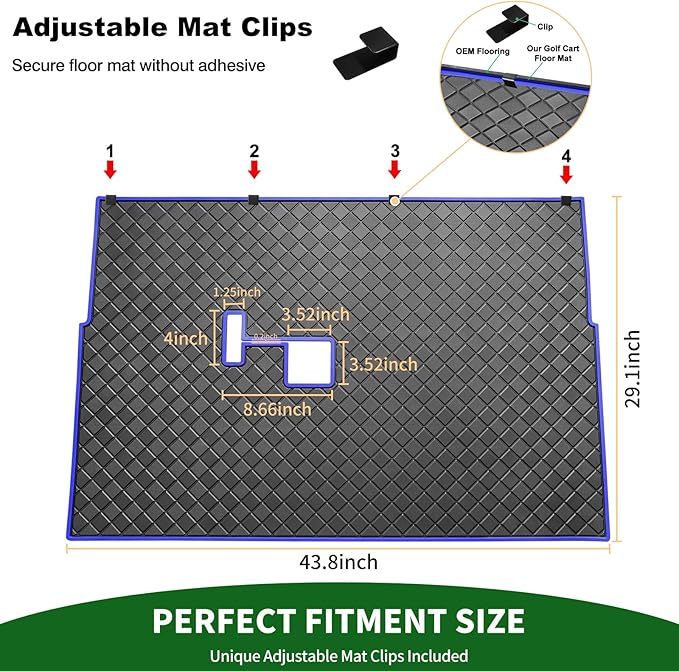 Golf Cart Floor Liner Mat 8mm Thick Rubber Full Coverage Fit for Club Car DS 1982-2013 / Villager 1982-2018 Carts Heavy-Duty Non-Slip Front Feet Mats Replacement Easy to Clean - Blue Trim