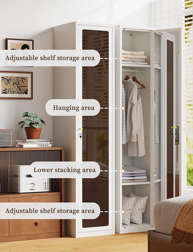 Tall Metal Locker 0rganizer for Employees with Lock, 72.83" H Amber Glass Door Cabinet with Mirror,Lockable Lifetime Locker for Home, Office, Gym, School, Garage (Single Door, White)