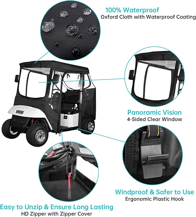 10L0L 2/4 Passenger Golf Cart Driving Enclosure for EZGO TXT/RXV Model, 4-Sided Clear Window 600D Rain Cover All Weather Windproof Waterproof - Black/Beige