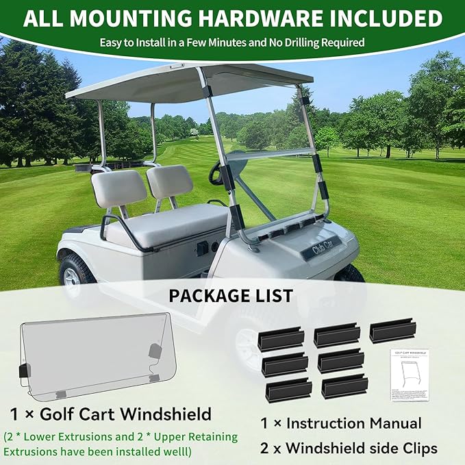 Golf Cart Foldable Windshield 3/16" (5MM) Only Fits 1982-2000 Club Car DS 1"×1" Struts Upper and Down Straight Rail, Folding Acrylic Replacement - Clear (Not Fit Top Tapered Rail Style)