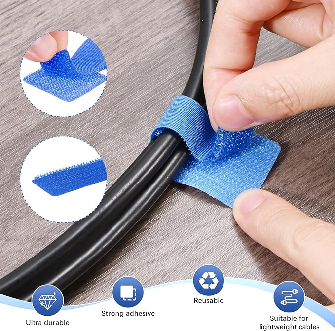 100-Pack Hook and Loop Cable Ties, 3.5 x 1.1 Inch Adjustable Self-Adhesive Cord Organizer for Desk/Home/Wall/Office Essentials, Cable Management Under Desk [Blue]