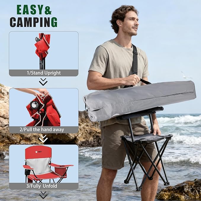 Portable Outdoor Folding Chair with Cup Holder & Cooler Bag - Breathable Mesh, Wide Armrests, Ergonomic Design for Camping, Beach, Backyard - Includes Storage Bag & Bottle Opener (Black/Green/Red)