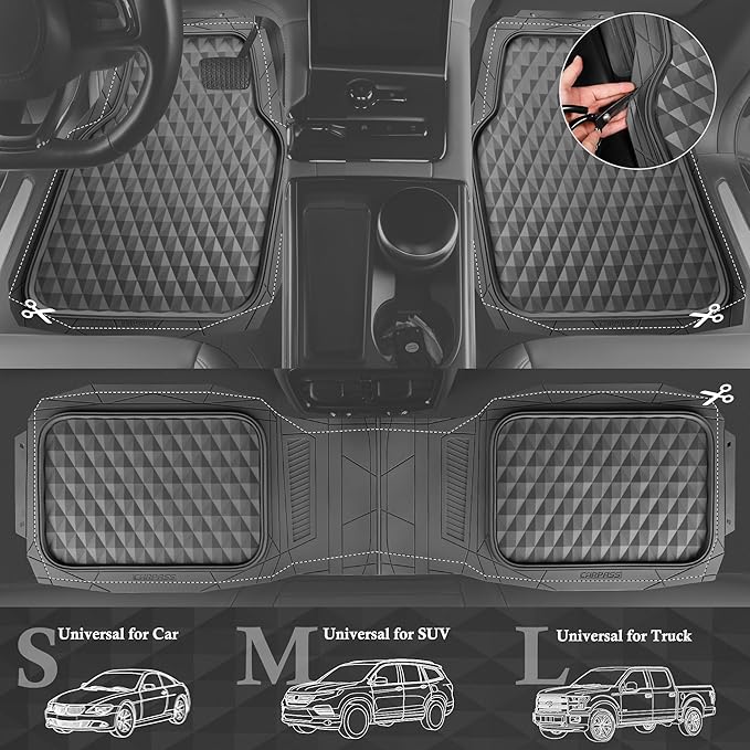 CAR PASS Heavy Duty Charcoal Gray Rubber Car Floor Mats Univeraal Fit, Deep Dish All-Weather Floor Mat for Car, Waterproof Durable Anti-Slip Trim to Fit for SUV Truck Sedan, 3 Piece Full Set Dark Gray
