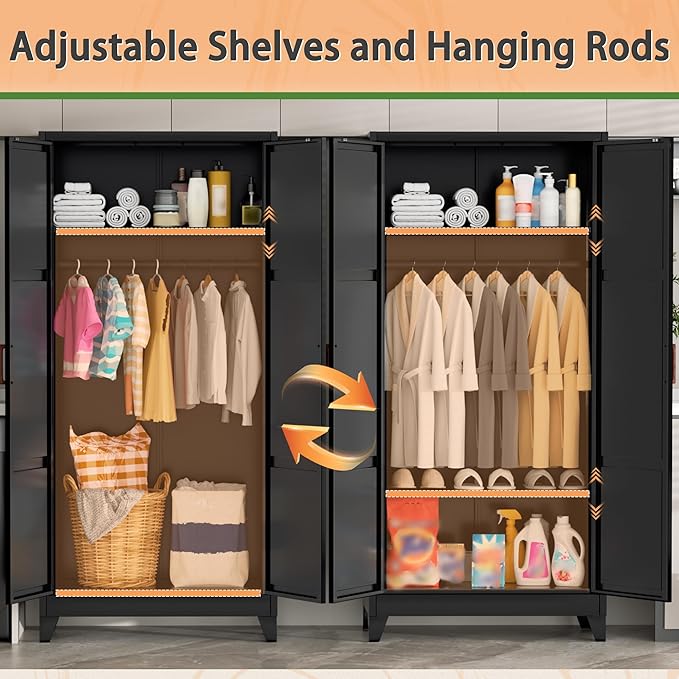 Greenvelly Metal Wardrobe Cabinet, 19" D x 36" W x 72" H Metal Wardrobe Closet with Hanging Rods and Adjustable Shelves,Clothing Storage Closet Cabinet for Bedroom, Cloak Room, Laundry Room (Black)