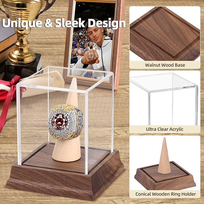 Championship Ring Display Case Baseball Softball Football Ring Holder Wanult Wood Base Acrylic Sports Ring Display Case Stand for Men Wooden Ring Box for Women Memorabilia Showcase Cube Collectibles