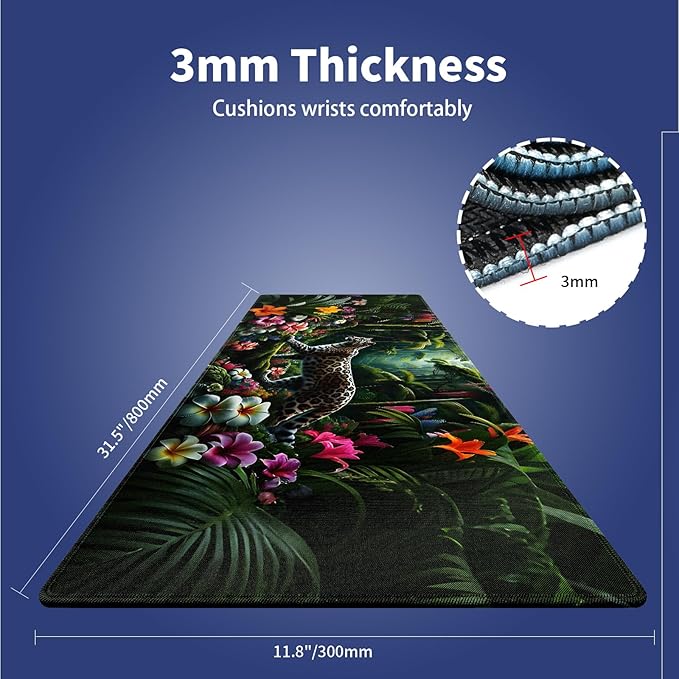 Wknoon. Extra Large Gaming Mouse Pad (31.5" x 11.8") with Durable Stitched Edges – Wild Leopard in a Lush Jungle Colorful Floral Rainforest Exotic Design, Anti-Slip Rubber Base Extended XXL Desk Mat