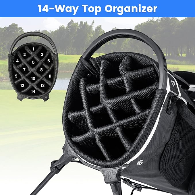 KOTEK Golf Stand Bag, 14 Way Top Divider Golf Club Bag with Cooler, 6 Zippered Pockets, Rain Hood & Adjustable Dual Shoulder Straps, Lightweight Golf Bag for Men Women