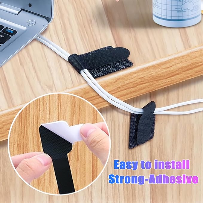 40+1 Hook and Loop Cable Ties, Sticky-Back Cord Organizer, Cable Clip, Self Adhesive Hook and Loop Cable Straps, Cable Management Under Desk, Adjustable Nylon Wire for Home, Office (Black)