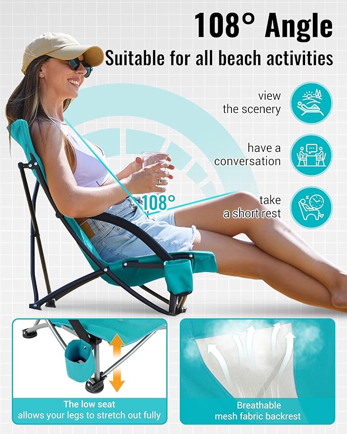 KingCamp Low Beach Chairs, Folding Portable Chair for Adults Lightweight Extra Wide Seat 300lbs Heavy Duty Oversized Backpack, Carry Bag for Camping