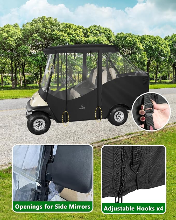 Golf Cart Enclosure 4 Passenger Short Roof 58” for Club Car Precedent Tempo 2+2 Seater,600D Clear Rain Cover Driving Enclosure,Roll Up 4 Sided Transparent Windows&Door,Side Mirrors Zipper Openings