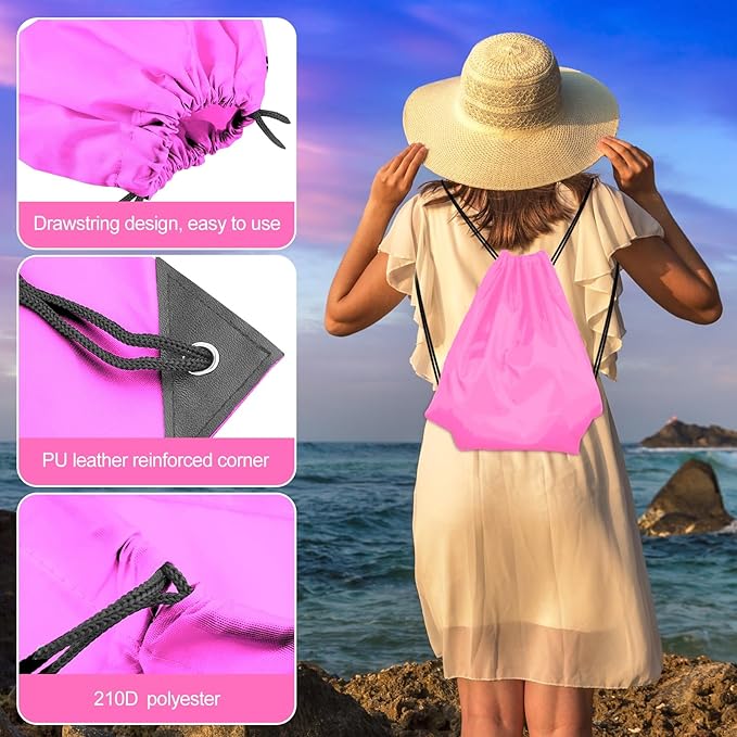 KUUQA 25Pcs Drawstring Backpack Bags Bulk Pink Drawstring Bag Foldable Gym Bag Sport Cinch Sack String Backpack Storage Bags for Women Men Shopping Gym Travel Sports