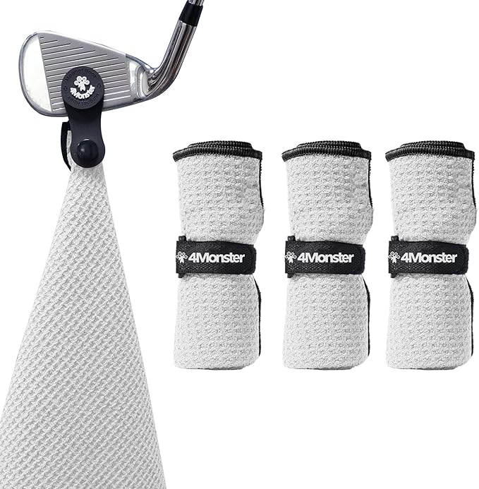 4Monster Golf Towels 3-Pack with Detachable Magnet and Portable Pouch, Quick-Dry Microfiber Golf Towel Set for Golf Bags,Custom Towel Gifts for Men or Women (3, White)