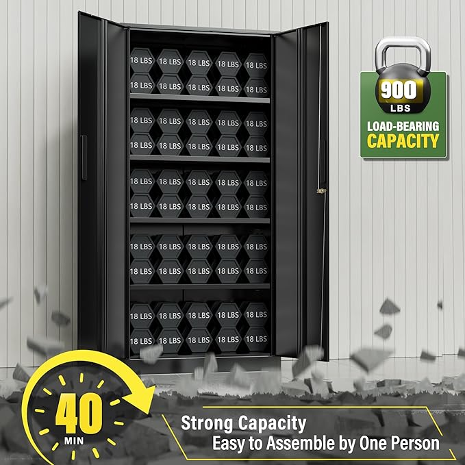 Greenvelly Metal Storage Cabinet, 72" Black Steel Garage Cabinet with Doors and Adjustable Shelves, Metal Cabinet with Lock,Garage Cabinets and Storage System for Garage,Home Office,School