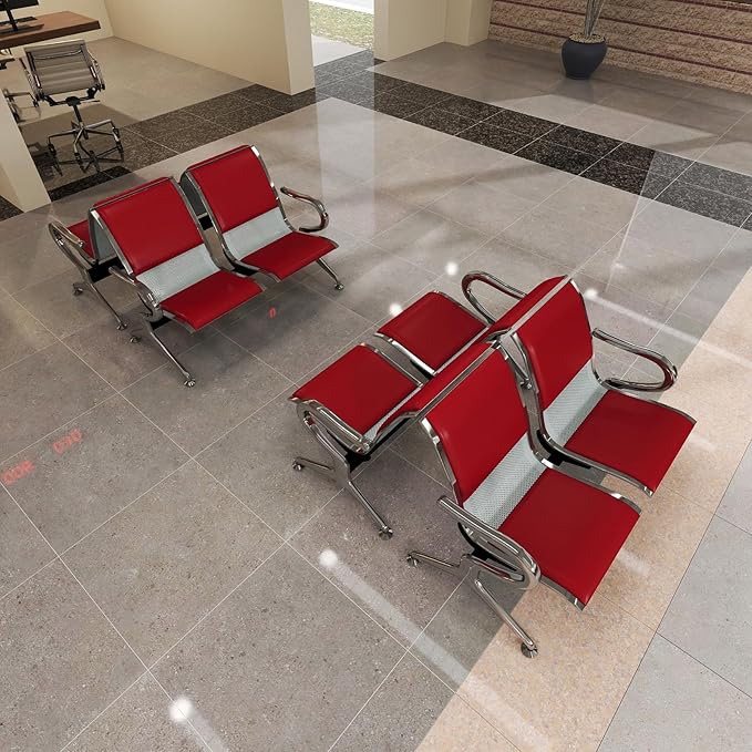 Kinfant 8-Seat Waiting Room Chairs with Arms – Heavy-Duty Steel Frame PU Leather Back & Cushioned Seat, Ergonomic Office Reception Guest Chair for Lobby, Clinic, Airport, Red