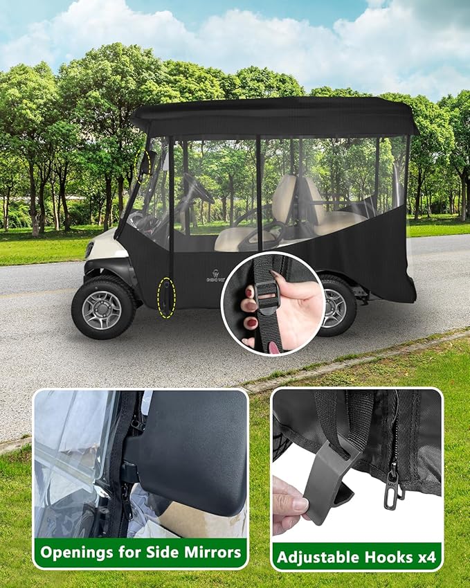 Golf Cart Enclosure 4 Passenger Extended Roof 88 inch for Club Car Tempo Onward,600D Clear Rain Cover Driving Enclosures,Full Roll Up 4 Sided Transparent Windows&Door Side Mirrors Openings