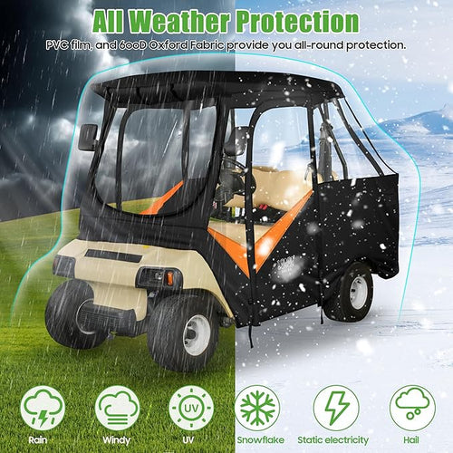 10L0L Golf Cart Driving Enclosure for Club Car DS, 2/4 Passenger Short Roof Waterproof Windproof Heavy Duty 600D Rain Cover with 4-Sided Clear Windows & Durable Door Zipper All-Weather Protection