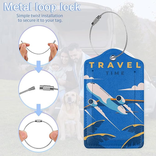 2 Pack Luggage Tags,Leather Suitcase Tags with Privacy Cover Name Address Labels& Durable Steel Loop for Men/Women Travel Bag Suitcases(Time to Travel Retro)