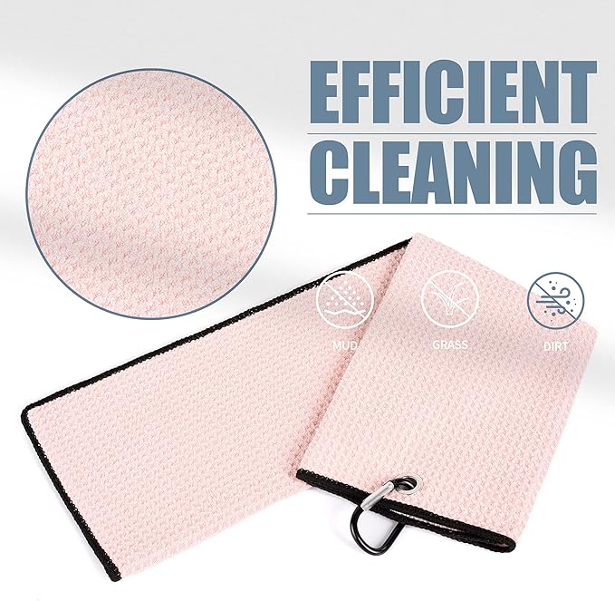 Mile High Life Tri-fold Golf Towel | 16" X 24" | Premium Microfiber Fabric | Waffle Pattern | with Heavy Duty Carabiner Clip | for Men and Women (2 Pack Pink)