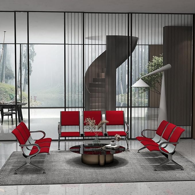 Kinfant Red 9-Seat Waiting Room Chairs with Arms – Heavy-Duty Steel Frame PU Leather Back & Cushioned Seat, Ergonomic Office Reception Guest Chair for Lobby, Clinic, Airport