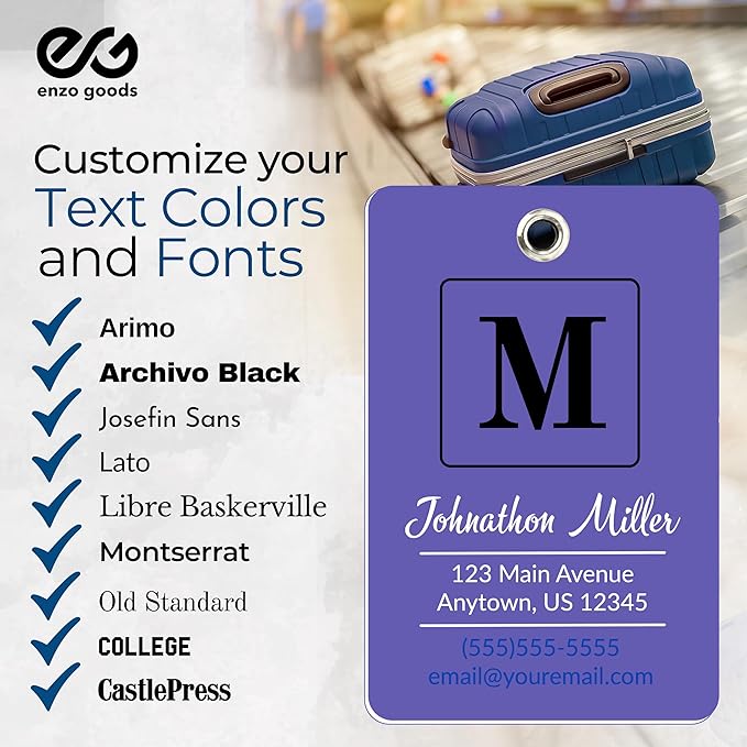 Personalized Luggage Tag | 2 Pack | Custom Luggage Tags for Suitcases | Kids Backpack Tag | 10 Color Options & Choose Font, Font Color