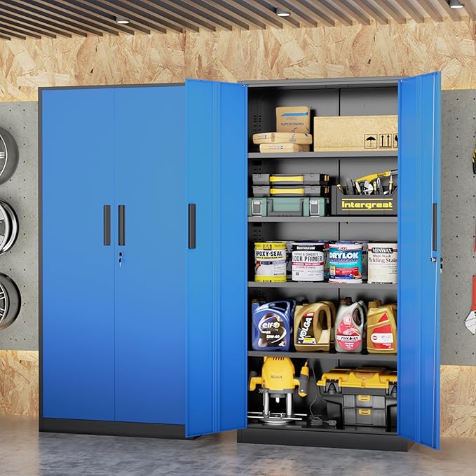 INTERGREAT Metal Storage Cabinet, 72" Locking Steel Cabinets with 2 Door and 4 Adjustable Shelves, Tall Metal Cabinet for Home Office, Garage, Warehouse,(Black+Blue)
