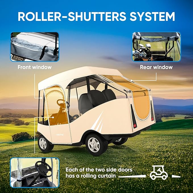 Rosefray Golf Cart Enclosure, 2+2 Drivable Rain Cover, Short Roof 58" - EZGO, Club Car - Durable Door Zipper - 4 Seater Golf Cart Cover Glowing at Night